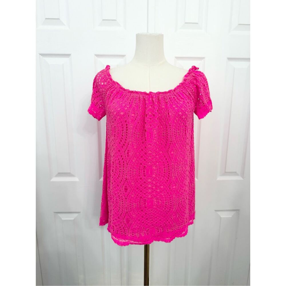 Lilly Pulitzer Marble Top Pink Knotty Lace Lined Off the Shoulder Top Size XS